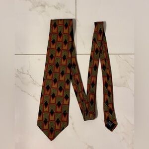 Carlo Ricci 100% Italian Silk Tie Geometric Green Red Gold Made In USA EUC